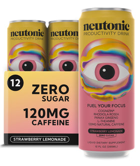 Neutonic strawberry lemonade can front view highlights zero sugar and clean energy