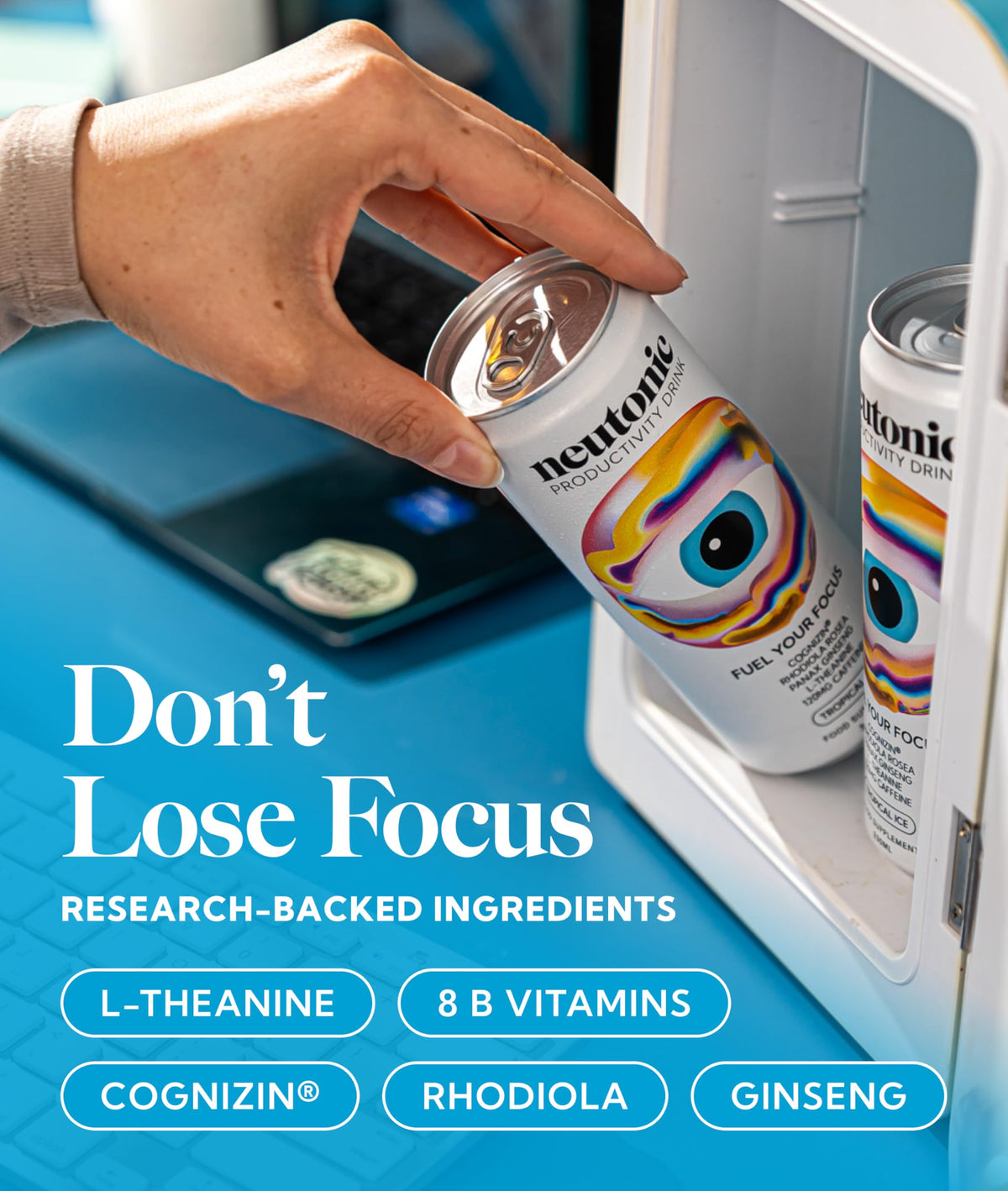 Neutonic Tropical Ice bottle closeup shows the nootropic blend for mental clarity