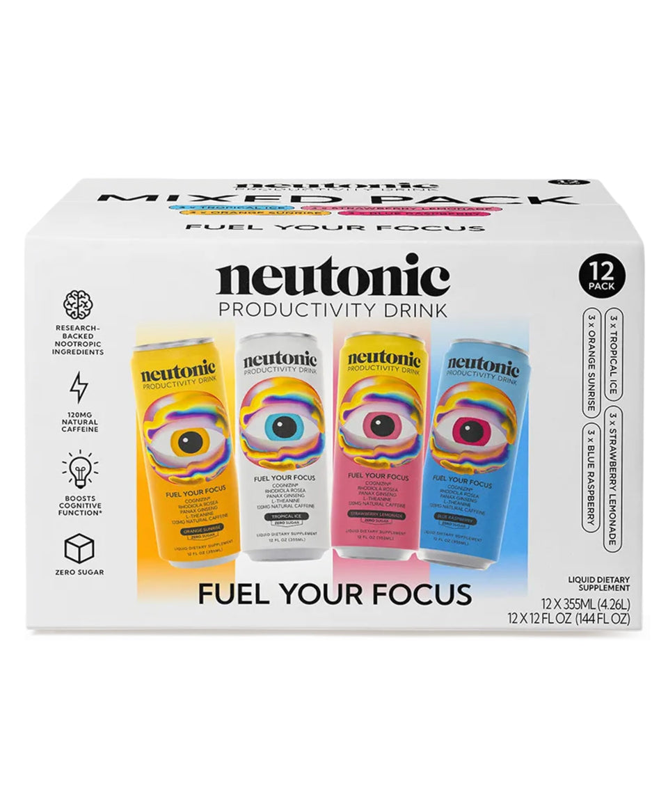 Neutonic variety-pack twelve cans on display for focused work.