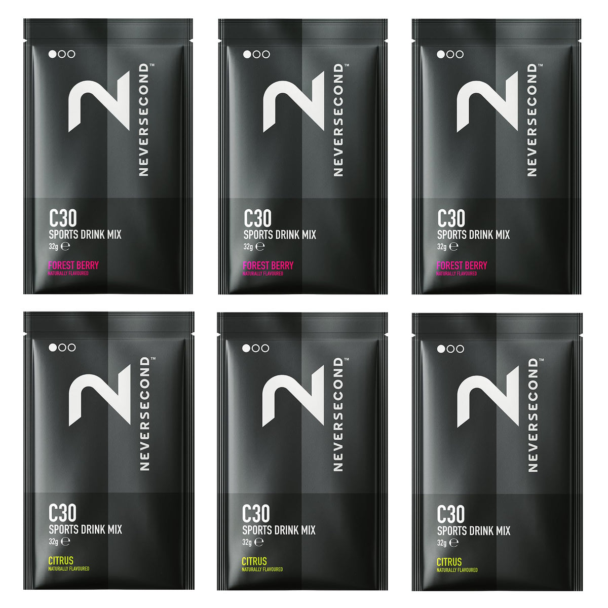 Neversecond C30 variety pack six sachets for on-the-go endurance fueling.