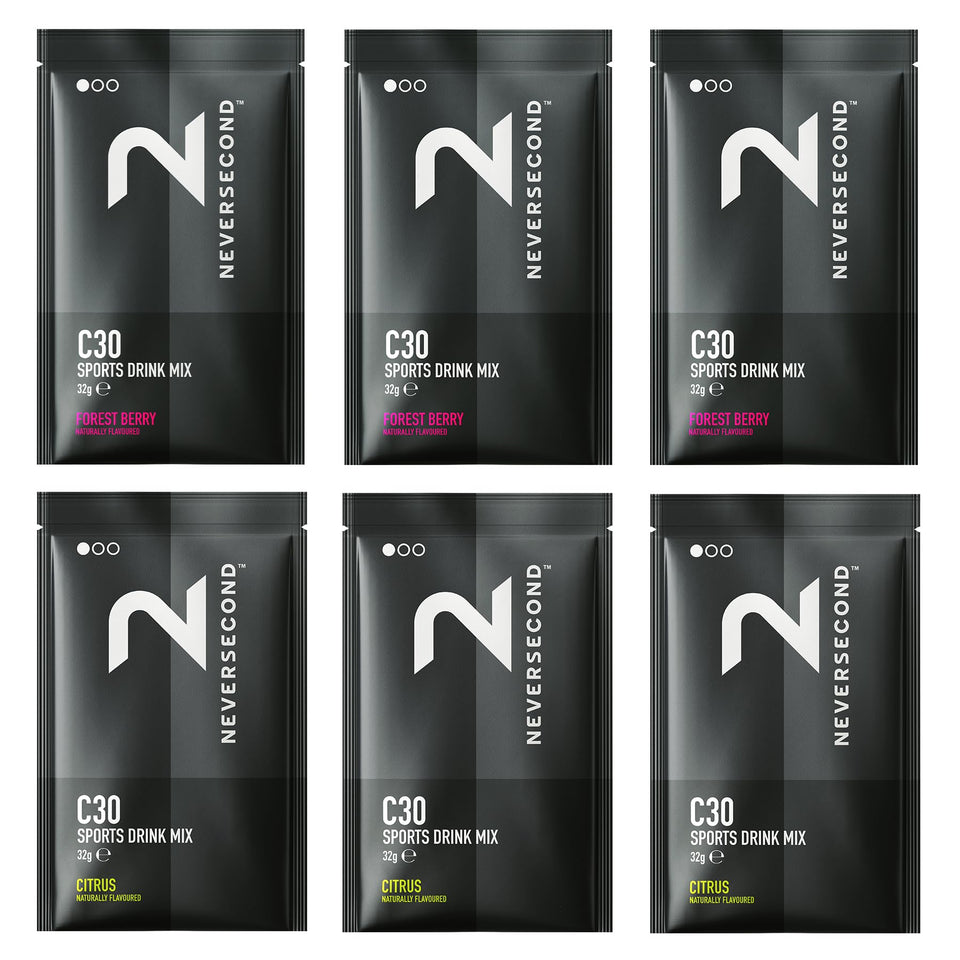 Neversecond C30 variety pack six sachets for on-the-go endurance fueling.