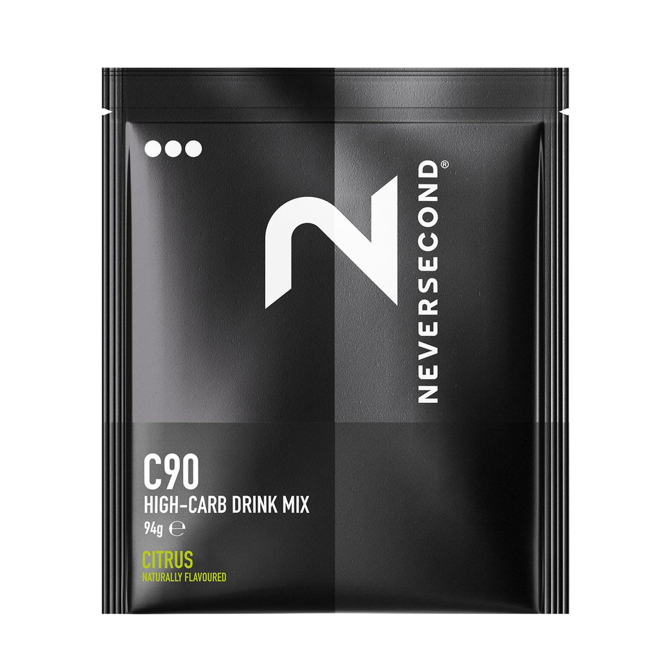 NeverSecond C90 citrus drink mix bottle ready for endurance training.