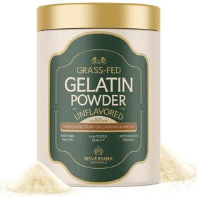 Neversink Naturals grass-fed gelatin powder bottle showing smooth dissolving texture for everyday cooking