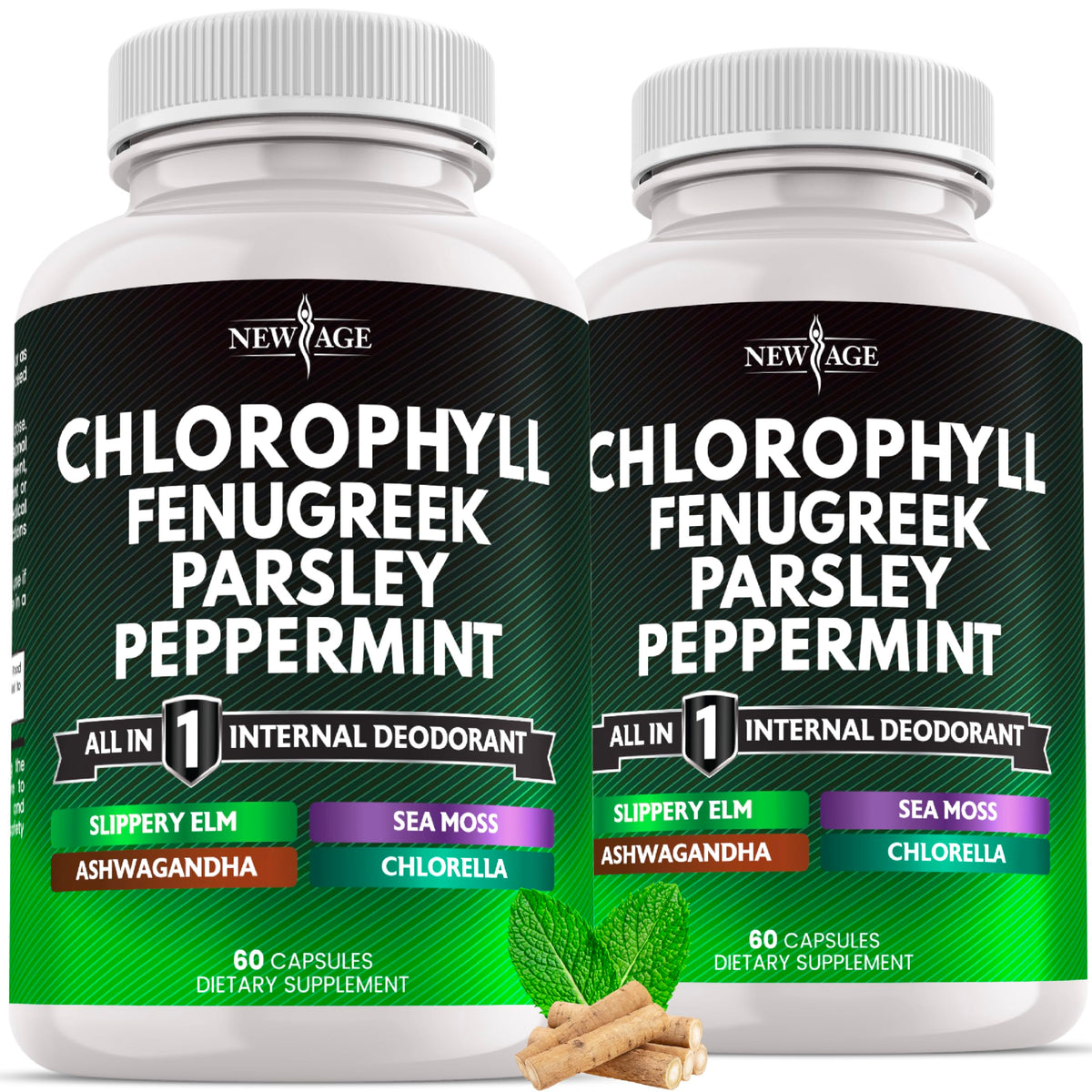 NEW AGE Chlorophyll Fenugreek capsules bottle label highlighting peppermint freshness for daily use