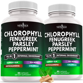 NEW AGE Chlorophyll Fenugreek capsules bottle label highlighting peppermint freshness for daily use