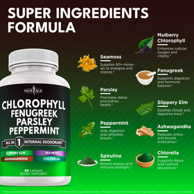 NEW AGE Chlorophyll Fenugreek capsules pack front emphasizes all-in-one greens for convenient daily nutrition