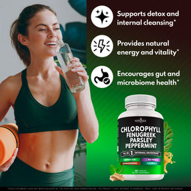 NEW AGE Chlorophyll Fenugreek capsules being poured suggests easy daily supplementation routine