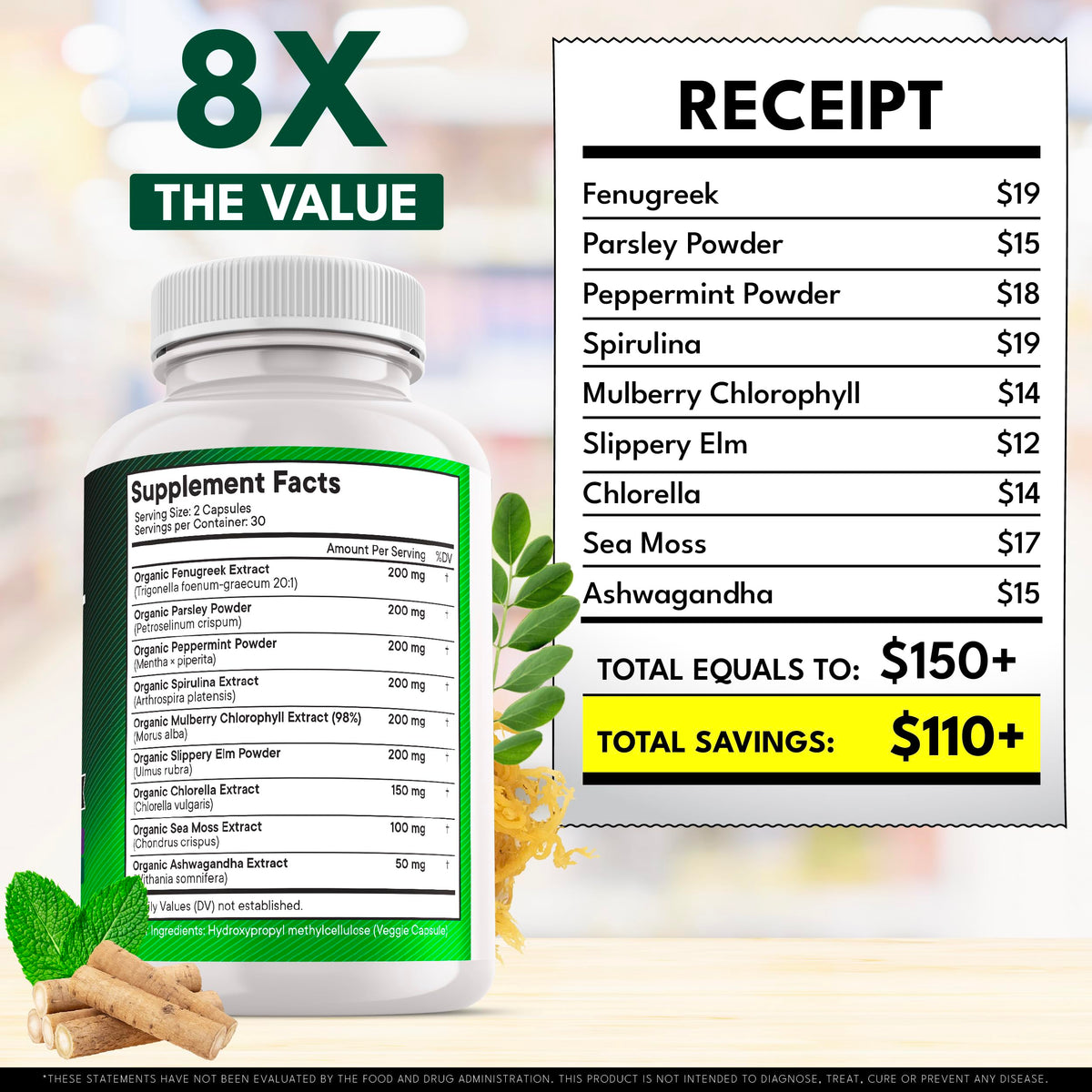 NEW AGE Sea moss greens blend ingredients panel highlights mineral-rich botanicals