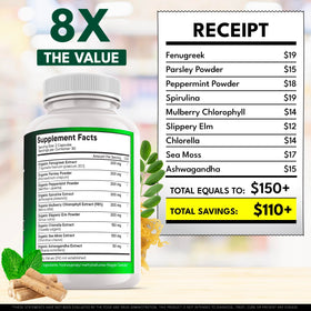 NEW AGE Sea moss greens blend ingredients panel highlights mineral-rich botanicals