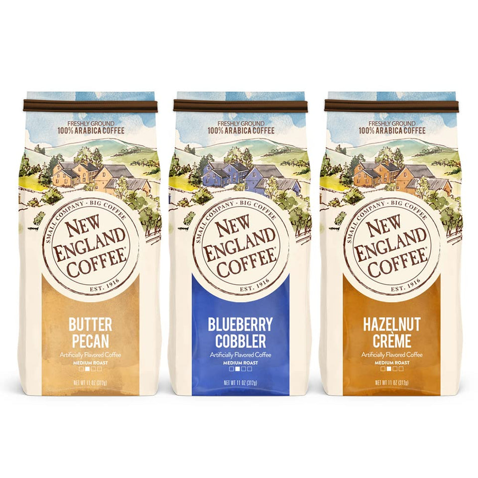 New England Coffee Blueberry Cobbler 11oz pack—vibrant berry notes for a comforting morning.