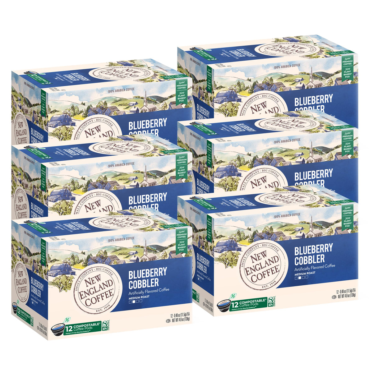 New England Coffee Blueberry Cobbler box with pods for quick, flavorful mornings