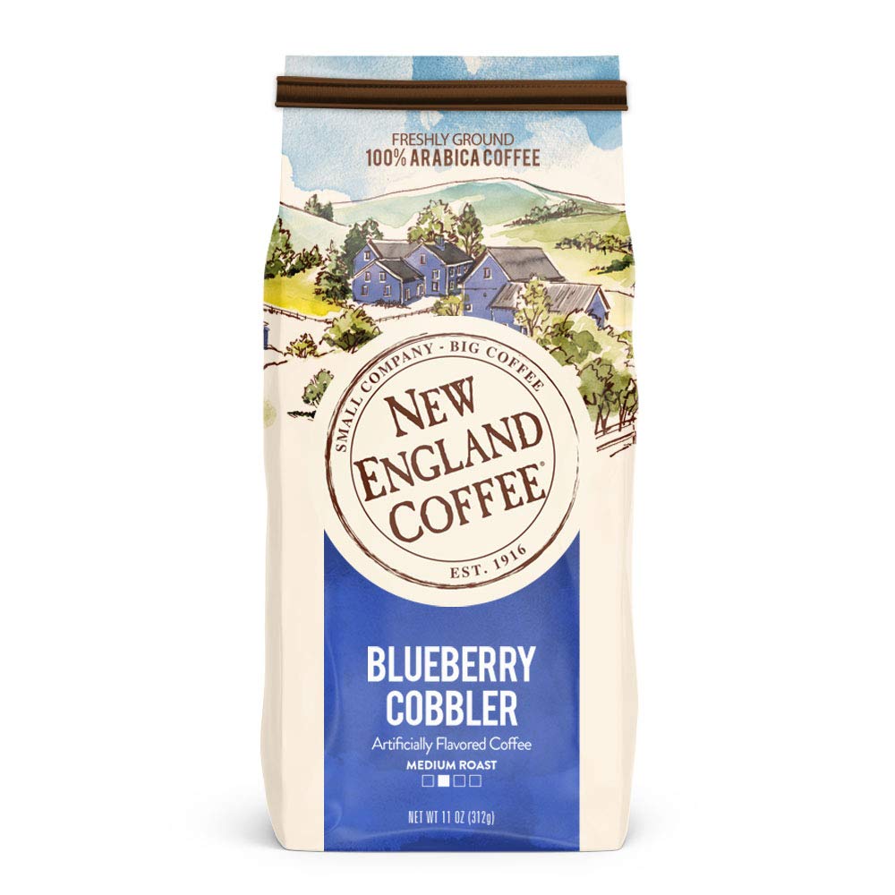 New England Coffee Blueberry Cobbler coffee bag with inviting aroma for morning breaks