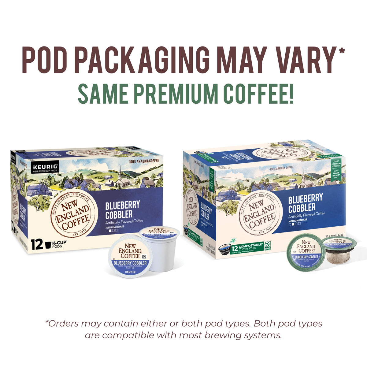 New England Coffee Blueberry Cobbler pack highlighting 12-count pods for quick brews
