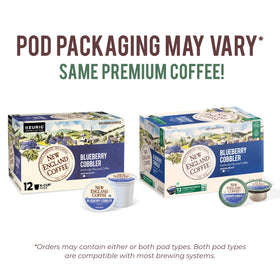 New England Coffee Blueberry Cobbler pack highlighting 12-count pods for quick brews