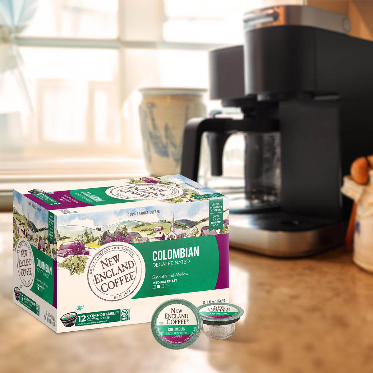 New England Coffee 12-count box on kitchen counter for easy mornings