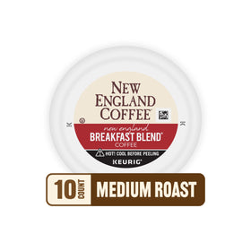 New England Coffee Breakfast Blend cup-brew scene emphasizing balanced finish.