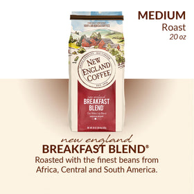 New England Coffee Breakfast Blend ground coffee bag emphasizing bold aroma for energized mornings