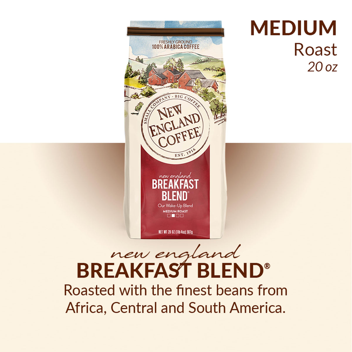 New England Coffee Breakfast Blend ground coffee image highlights easy-to-brew mornings.