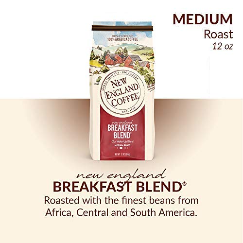 New England Coffee Breakfast Blend bag side view highlighting portable 12oz pack for convenient brewing