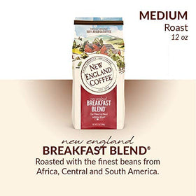 New England Coffee Breakfast Blend bag side view highlighting portable 12oz pack for convenient brewing