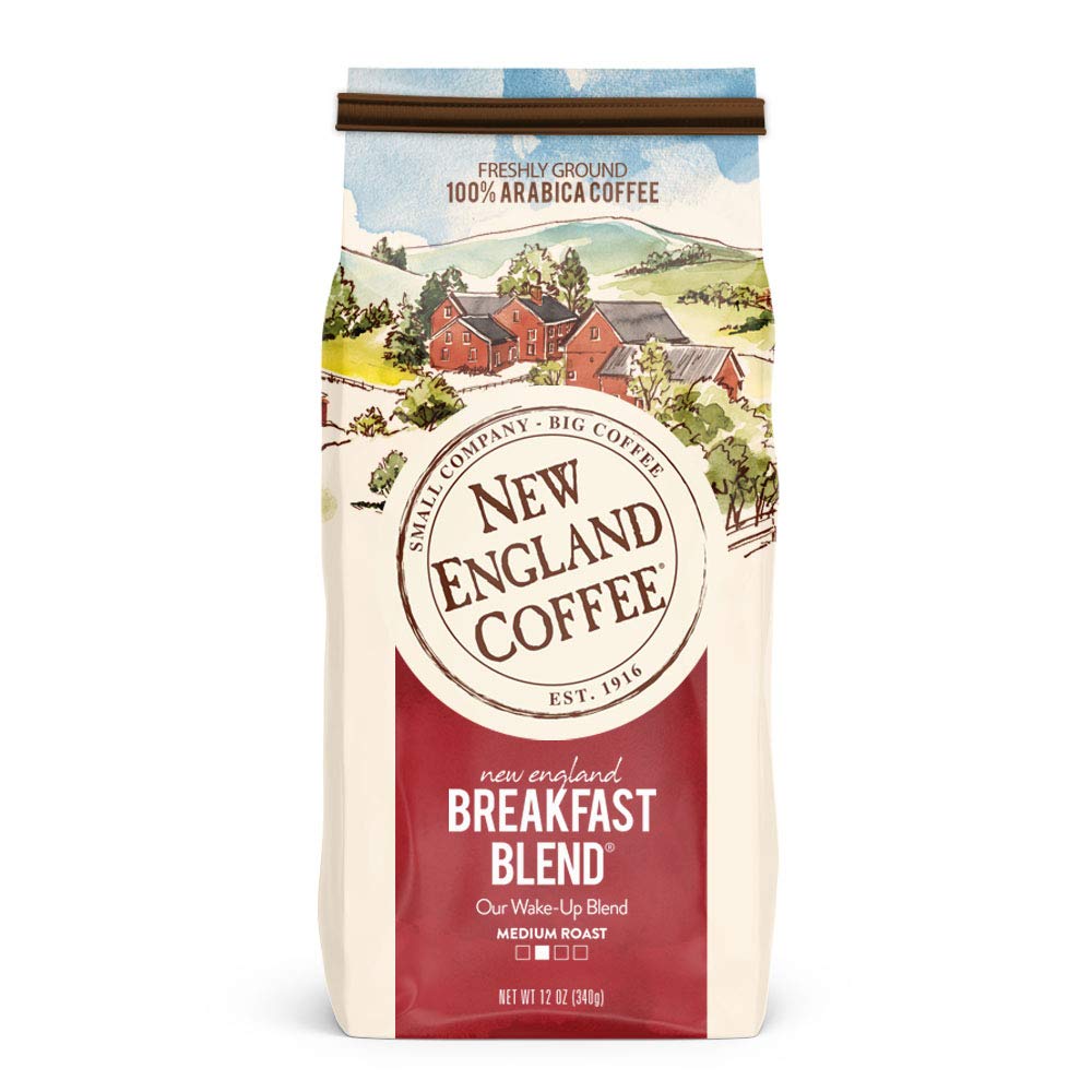 New England Coffee Breakfast Blend front pack image showing bold aroma for daily wake-up