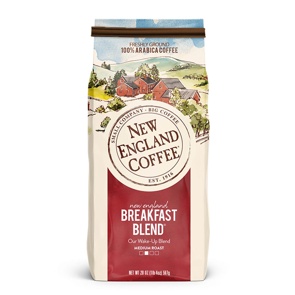 New England Coffee Breakfast Blend package front view highlighting a smooth medium roast for everyday mornings
