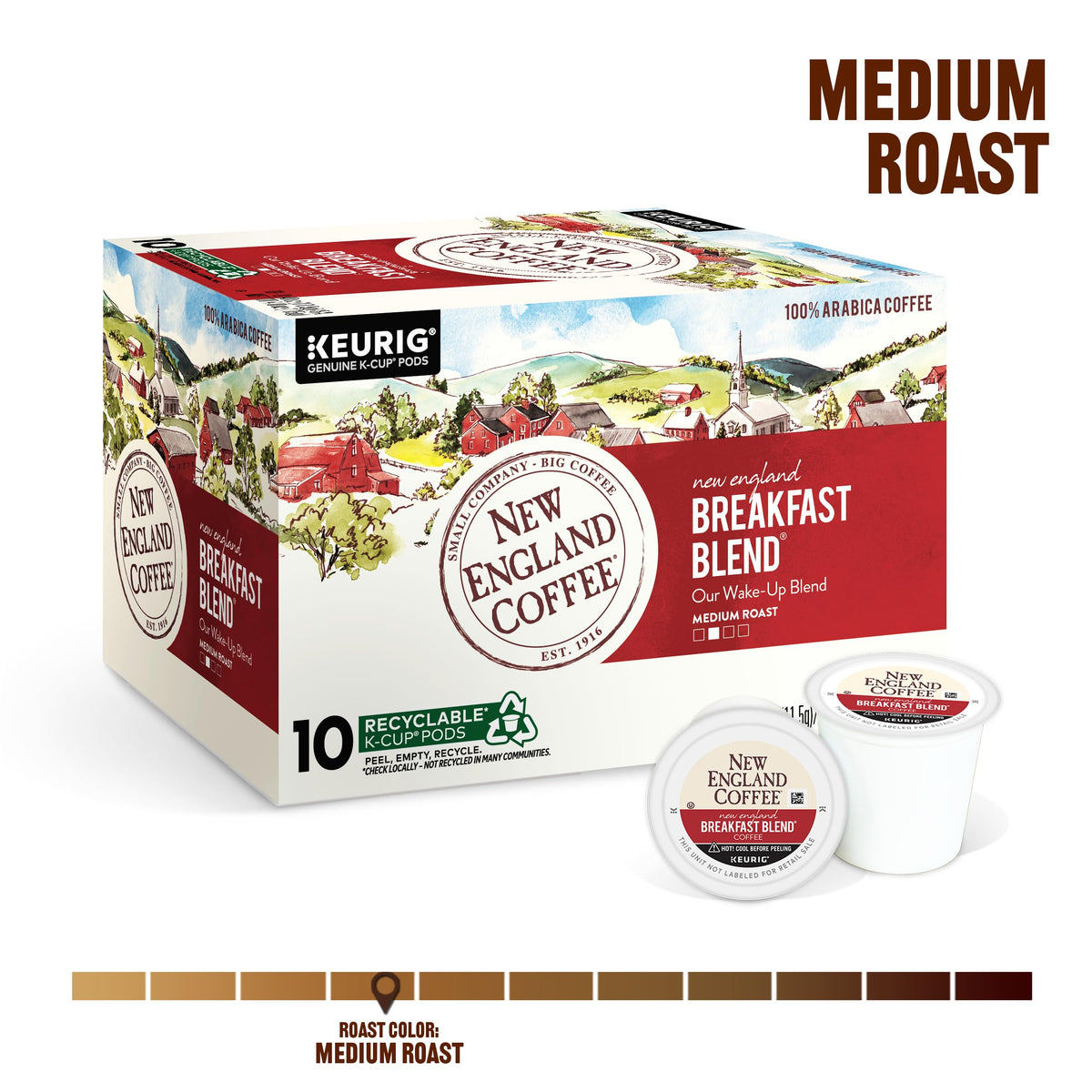 New England Coffee Breakfast Blend packaging boxes displayed for convenient mornings.