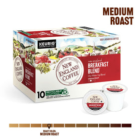 New England Coffee Breakfast Blend packaging boxes displayed for convenient mornings.