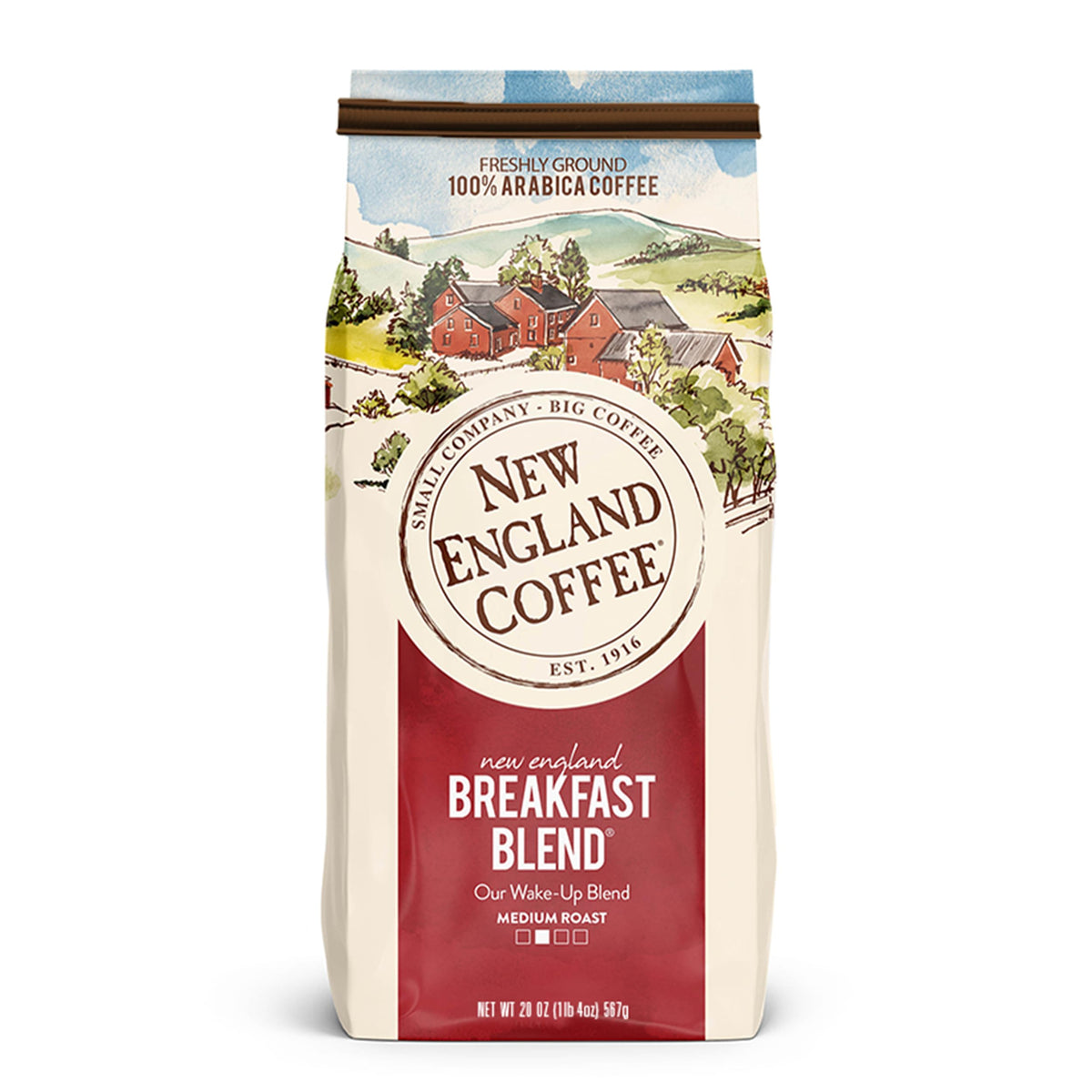 New England Coffee Breakfast Blend packaging shows a 20oz bag for a morning ritual.