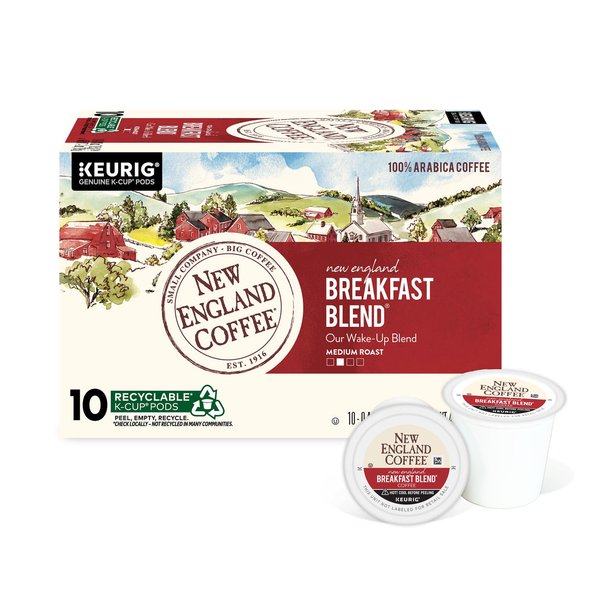 New England Coffee Breakfast Blend pod close-up showcasing aroma and wake-up flavor.