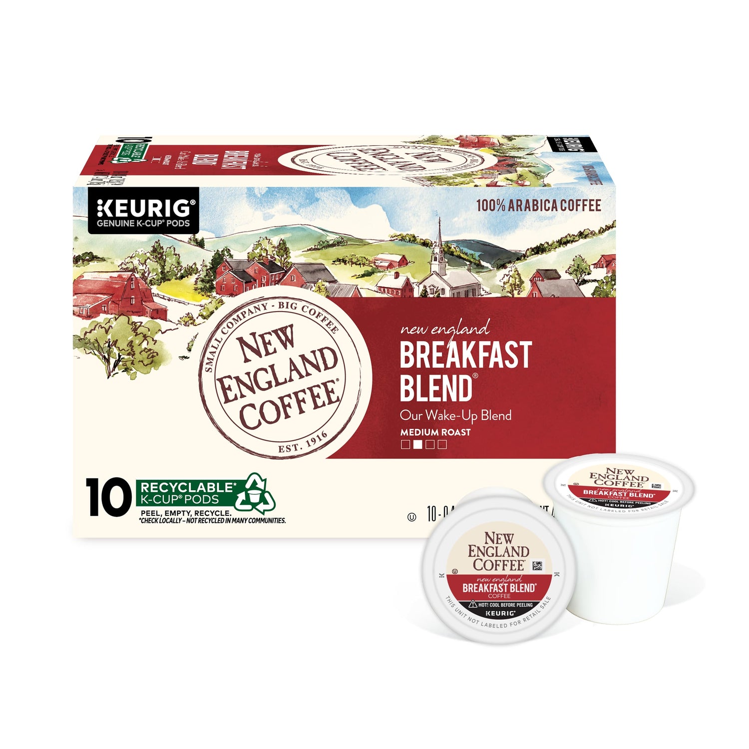 New England Coffee Breakfast Blend pod close-up showcasing aroma and wake-up flavor.