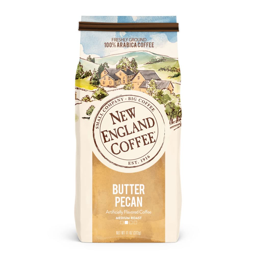 New England Coffee Butter Pecan 11oz pack—rich, buttery aroma for cozy afternoons.