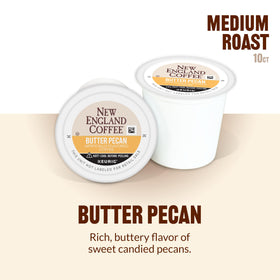 New England Coffee Butter Pecan pods with compostable capsules for eco-friendly enjoyment.