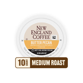 New England Coffee Butter Pecan pods in a shelf-ready packaging for everyday use.