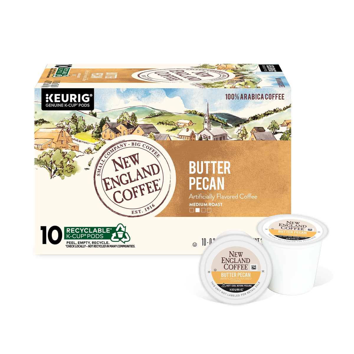 New England Coffee Butter Pecan pods in a six-pack setup for quick single-serve mornings.