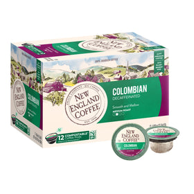 New England Coffee Colombian Decaf pods packaging in a 12-count box