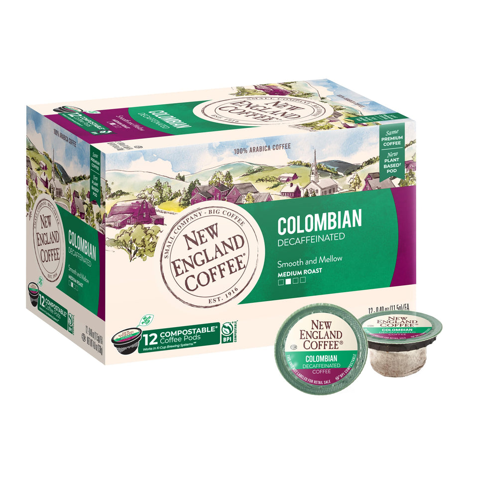 New England Coffee Colombian Decaf pods packaging in a 12-count box