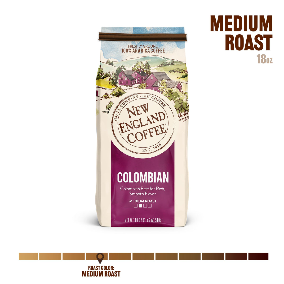 New England Coffee Colombian Medium Roast aroma close-up highlighting inviting fragrance.