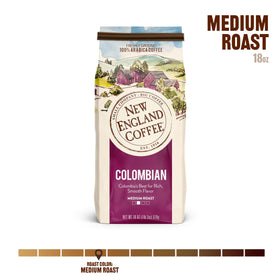 New England Coffee Colombian Medium Roast aroma close-up highlighting inviting fragrance.