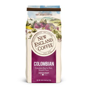 New England Coffee Colombian Medium Roast ground coffee bag ready for daily brew.