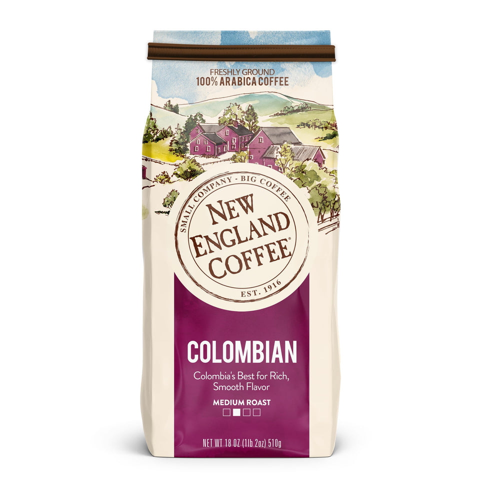 New England Coffee Colombian Medium Roast ground coffee bag ready for daily brew.