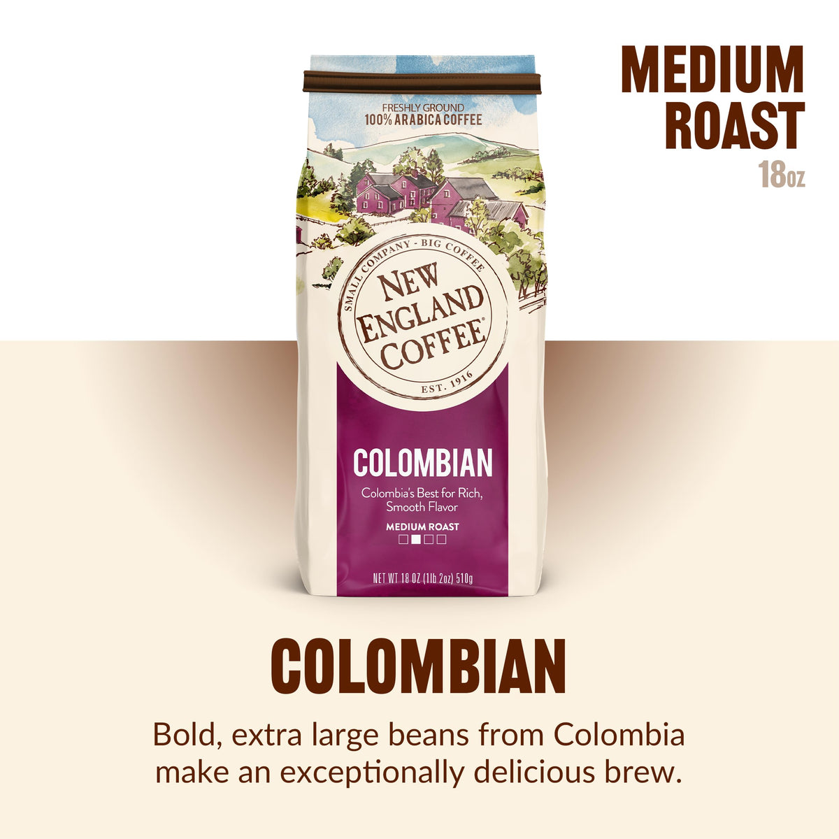New England Coffee Colombian Medium Roast served cup showcasing rich flavor.