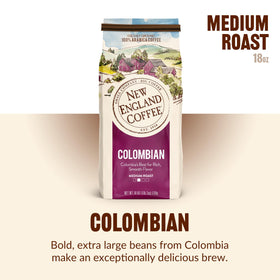 New England Coffee Colombian Medium Roast served cup showcasing rich flavor.