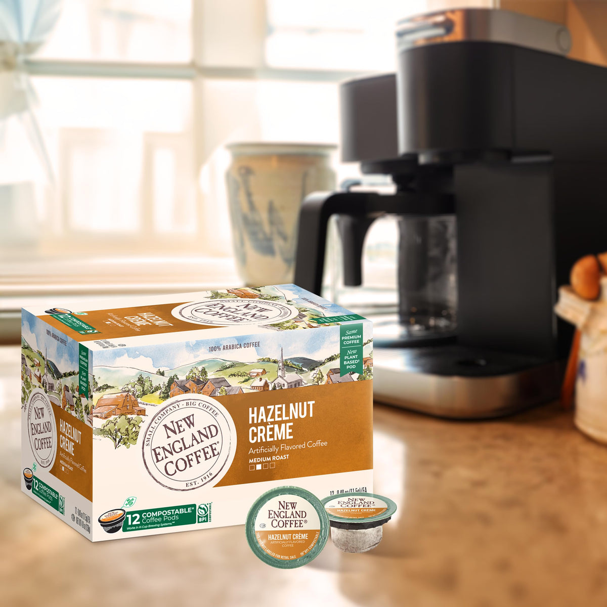 New England Coffee Compostable pods—sustainable brewing without sacrificing flavor.