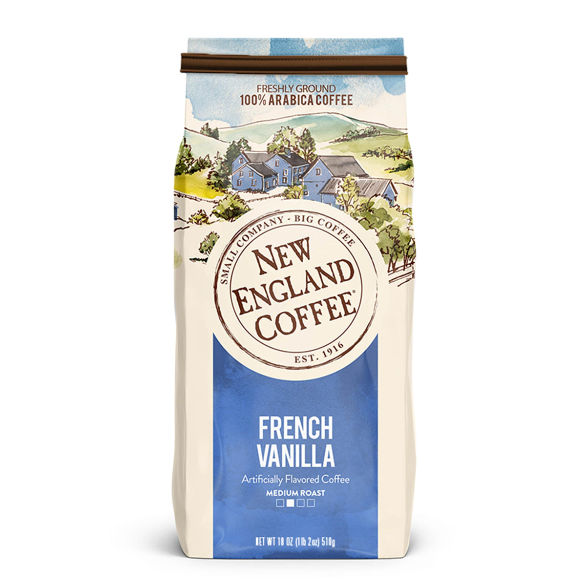 New England Coffee French Vanilla ground coffee in an 18oz bag for smooth mornings.