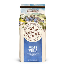 New England Coffee French Vanilla ground coffee in an 18oz bag for smooth mornings.