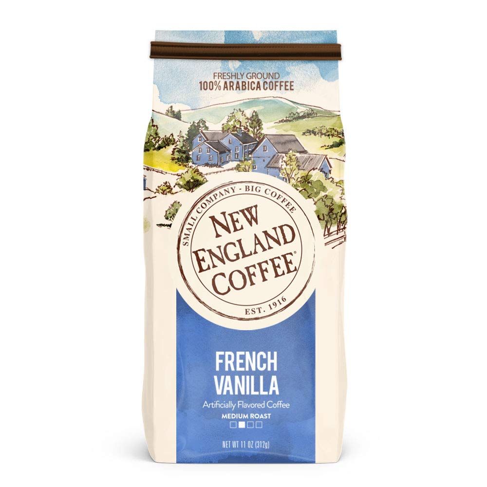 New England Coffee French Vanilla Ground Coffee bag showing rich vanilla flavor for smooth mornings