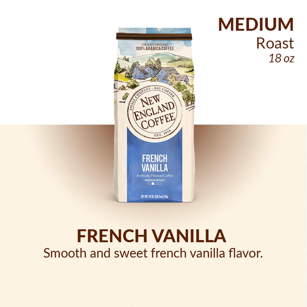Steaming cup of New England Coffee French Vanilla highlights a warm, inviting aroma.