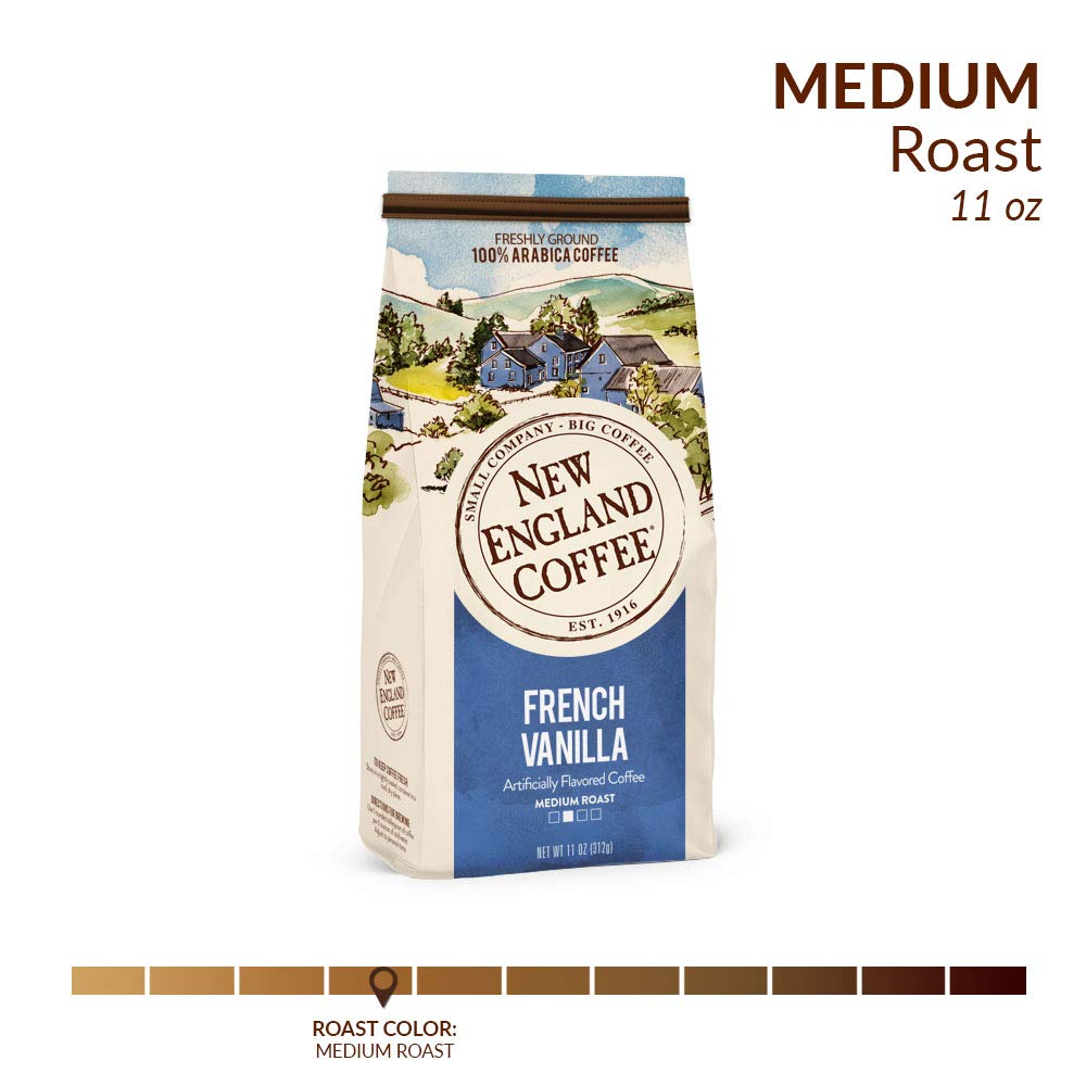 New England Coffee ground coffee being poured highlighting balanced medium roast