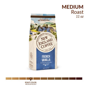 New England Coffee ground coffee being poured highlighting balanced medium roast